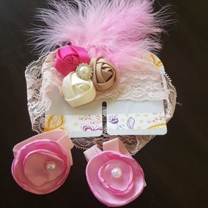 Baby Girl headband sandals set pink feather lace